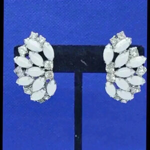 Vintage Earrings Clip White Milk Glass & Clear Rhinestones RARE Signed GALE